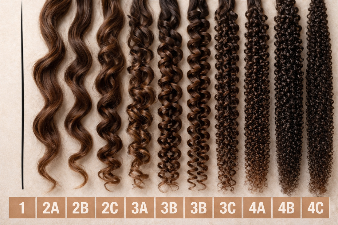 Hair curl pattern chart showing types 1, 2A, 2B, 2C, 3A, 3B, 3C, 4A, 4B, and 4C curl patterns comparison