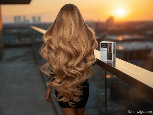 Back view of a woman wearing a long, voluminous, blonde human hair wig on a modern rooftop at sunset, with an After Care Kit box displayed on the railing. silvarawigs.com watermark visible.