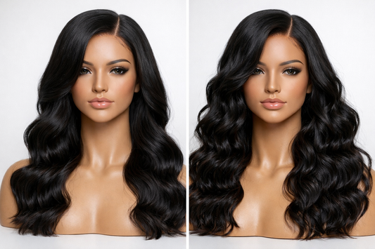 Body wave vs loose wave wig comparison on models showing soft body wave hair and more defined loose wave hair texture.
