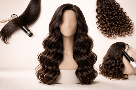 Body wave human hair wig displayed on mannequin head showing soft loose waves with styling versatility including straightened, curled, and natural wave sections in studio lighting.