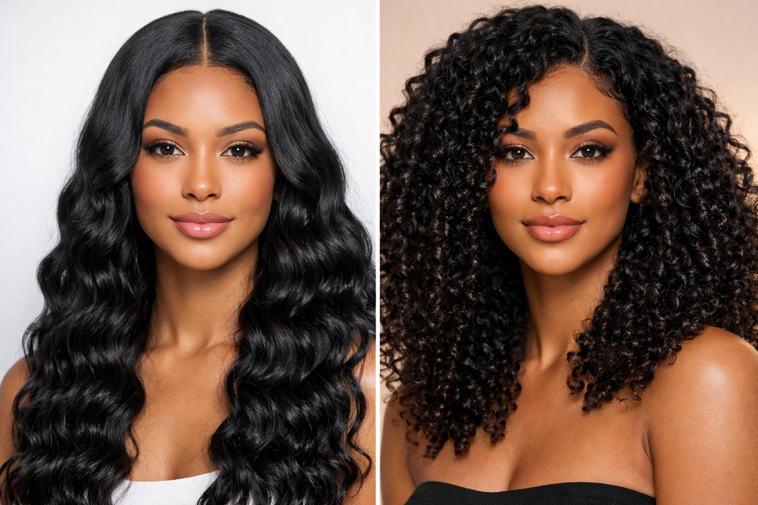 Deep wave vs curly wig comparison showing smooth uniform waves on one side and tight voluminous curls on the other human hair wig