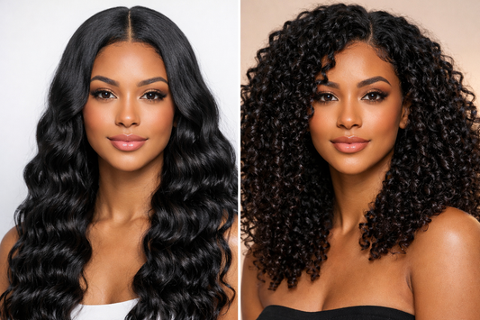 Deep wave vs curly wig comparison showing smooth uniform waves on one side and tight voluminous curls on the other human hair wig