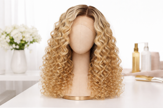 Blonde curly wig human hair lace front wig displayed on mannequin head in studio.