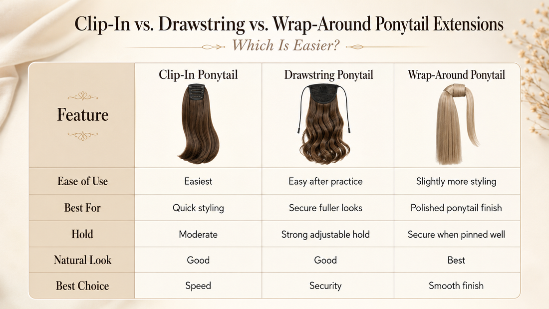 Comparison table showing clip-in, drawstring, and wrap-around ponytail extensions with ease of use, best use, hold, natural look, and best choice for each style.