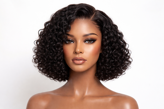 Curly bob wig hairstyle on mannequin with defined short curly bob haircut
