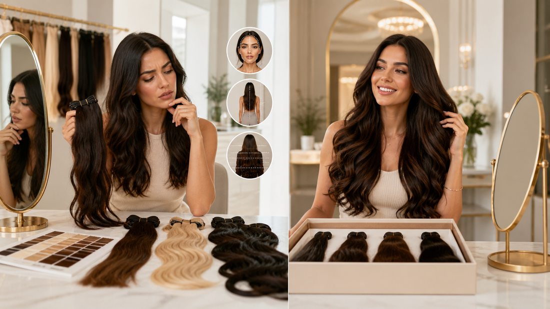 Woman comparing hair extension lengths and choosing the right hair extension length with a visual guide