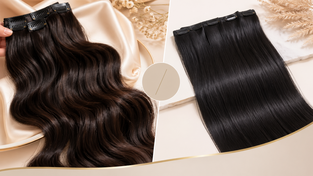 Human hair vs synthetic hair extensions shown side by side, comparing soft natural waves with a shinier straight synthetic texture.