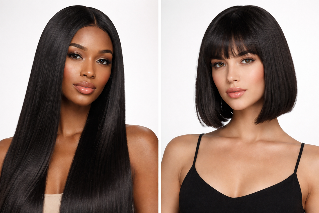 Long straight wig vs bob wig side by side comparison showing sleek long hair and structured blunt bob style