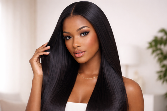 Model wearing a silky straight human hair wig with a sleek smooth texture, natural shine, middle part, and realistic lace hairline