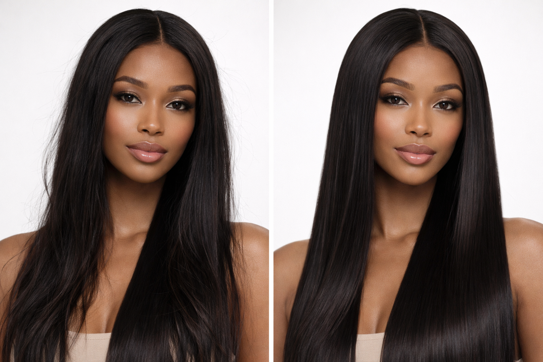 Straight wig frizzy vs smooth comparison showing flyaways on one side and sleek silky straight hair on the other