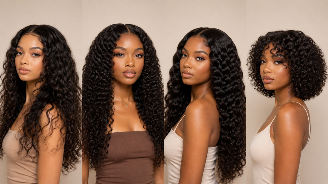 Four women wearing different human hair curly wigs, showing loose curls, deep curls, deep wave curls, and short curly wig styles.