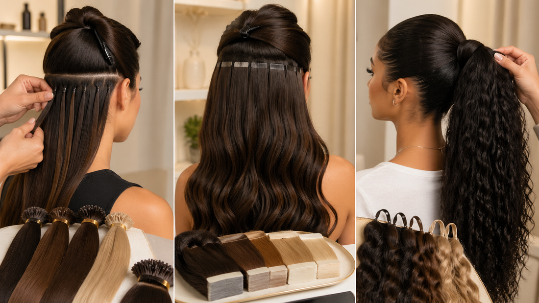 types of hair extensions in Canada showing i tip, tape in and ponytail methods