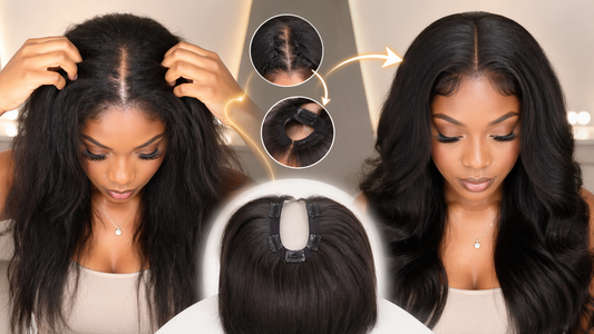 U-part wig before and after transformation showing natural leave-out blending seamlessly with human hair wig for a realistic finish